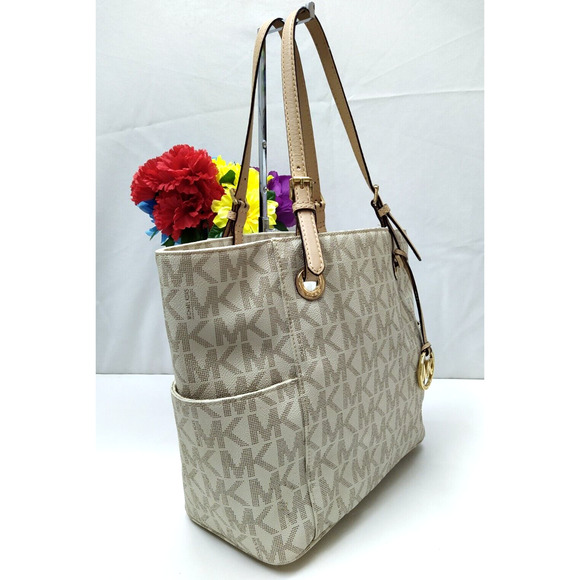 Michael Kors Jet Set Gray Crossgrain Leather MK Printed Pocket Tote Shoulder Bag - Picture 3 of 16